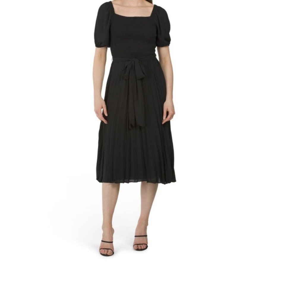NWT $395 Donna Karen Black Midi Pleated Smocked Pleated Sheer Sleeve Dress